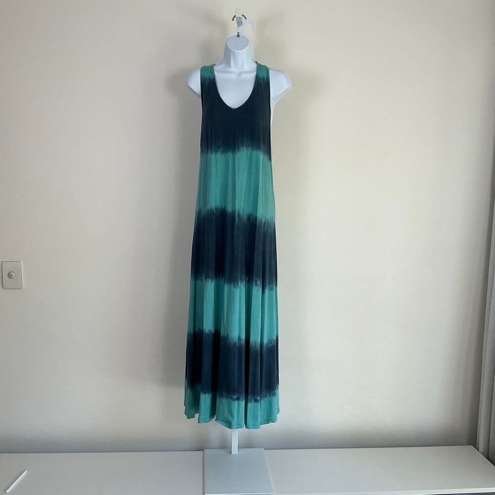 Splendid Tie Dye Maxi Dress L Navy Teal Racerback Striped Jersey Sundress Beach